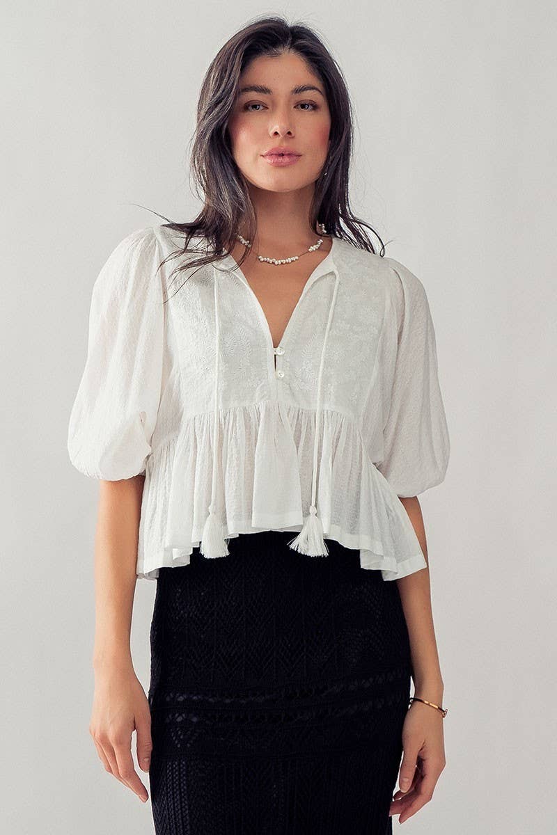 Floral Embroidered Cotton Peasant Blouse with Tassels