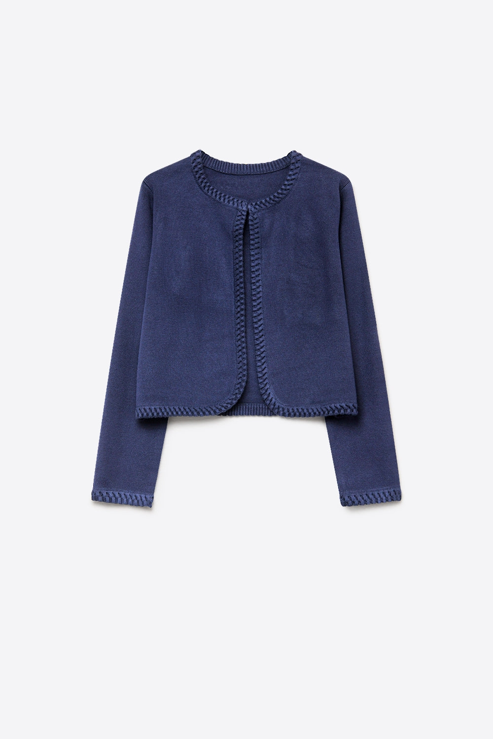 Navy Fine Knit Contrast Seam Cropped Open Front Cardigan