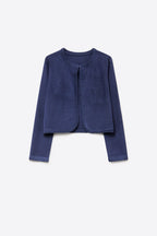 Navy Fine Knit Contrast Seam Cropped Open Front Cardigan