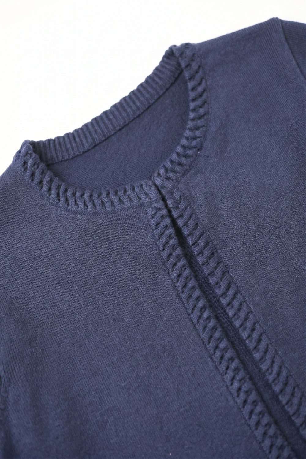 Navy Fine Knit Contrast Seam Cropped Open Front Cardigan