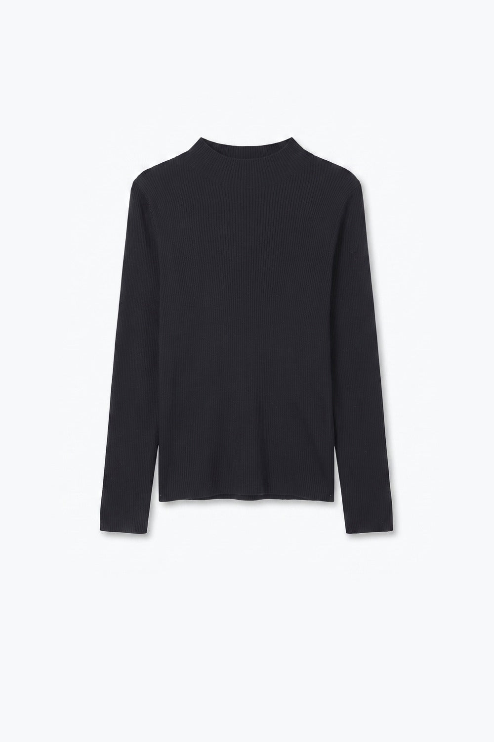 Fine Ribbed Merino Wool Sweater in navy with Mock neck