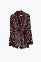 Burgundy Chunky Knit Jacquard Belted Shawl Cardigan