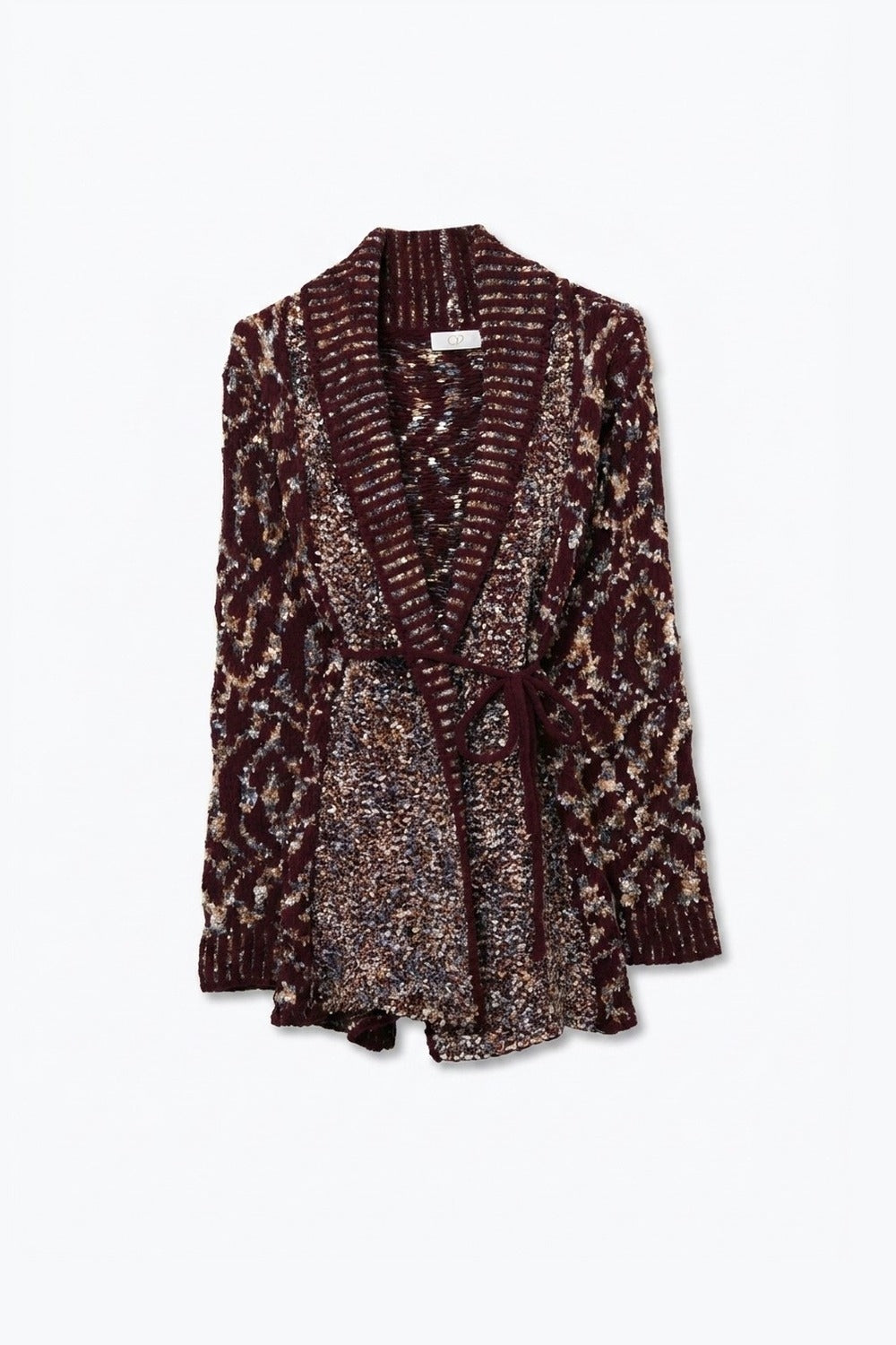 Burgundy Chunky Knit Jacquard Belted Shawl Cardigan