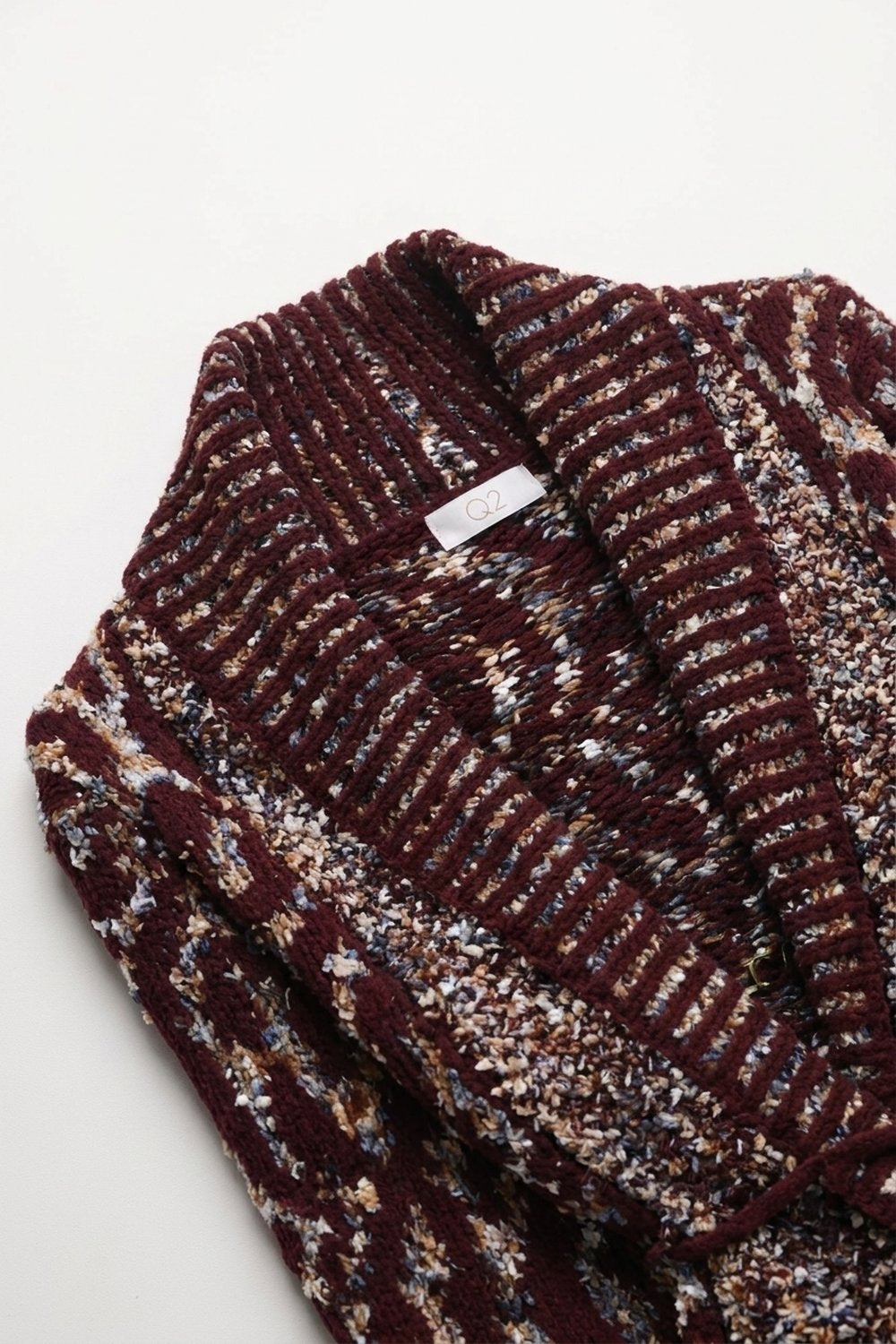 Burgundy Chunky Knit Jacquard Belted Shawl Cardigan