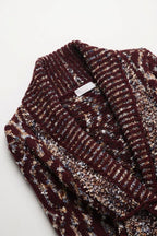 Burgundy Chunky Knit Jacquard Belted Shawl Cardigan