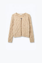 Beige Sequin Chunky Cable Knit Button Cropped Cardigan