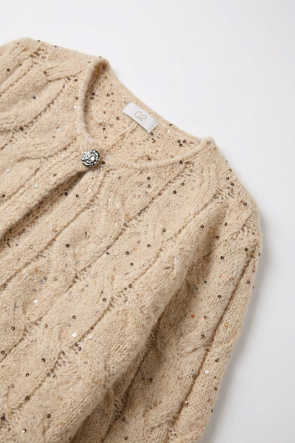 Beige Sequin Chunky Cable Knit Button Cropped Cardigan