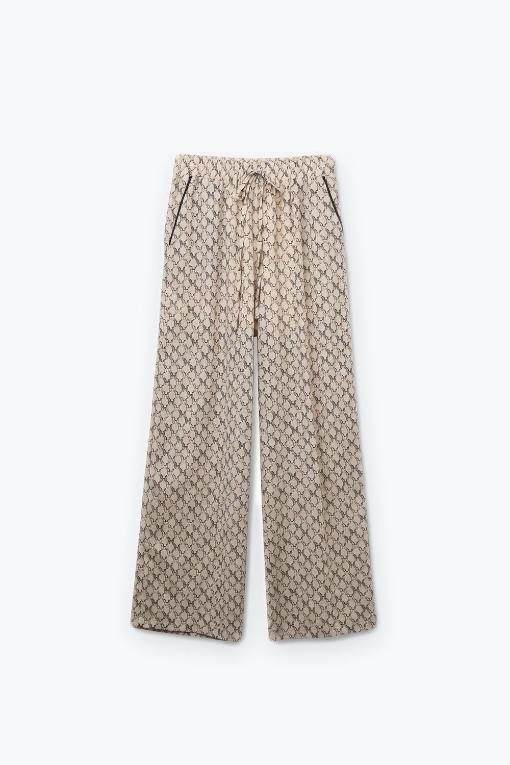 Cream horse Print Quilted Drawstring Wide Leg Pants