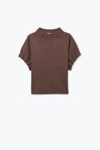 Brown Fine Knit Pleated Mock Neck Short Sleeve Sweater