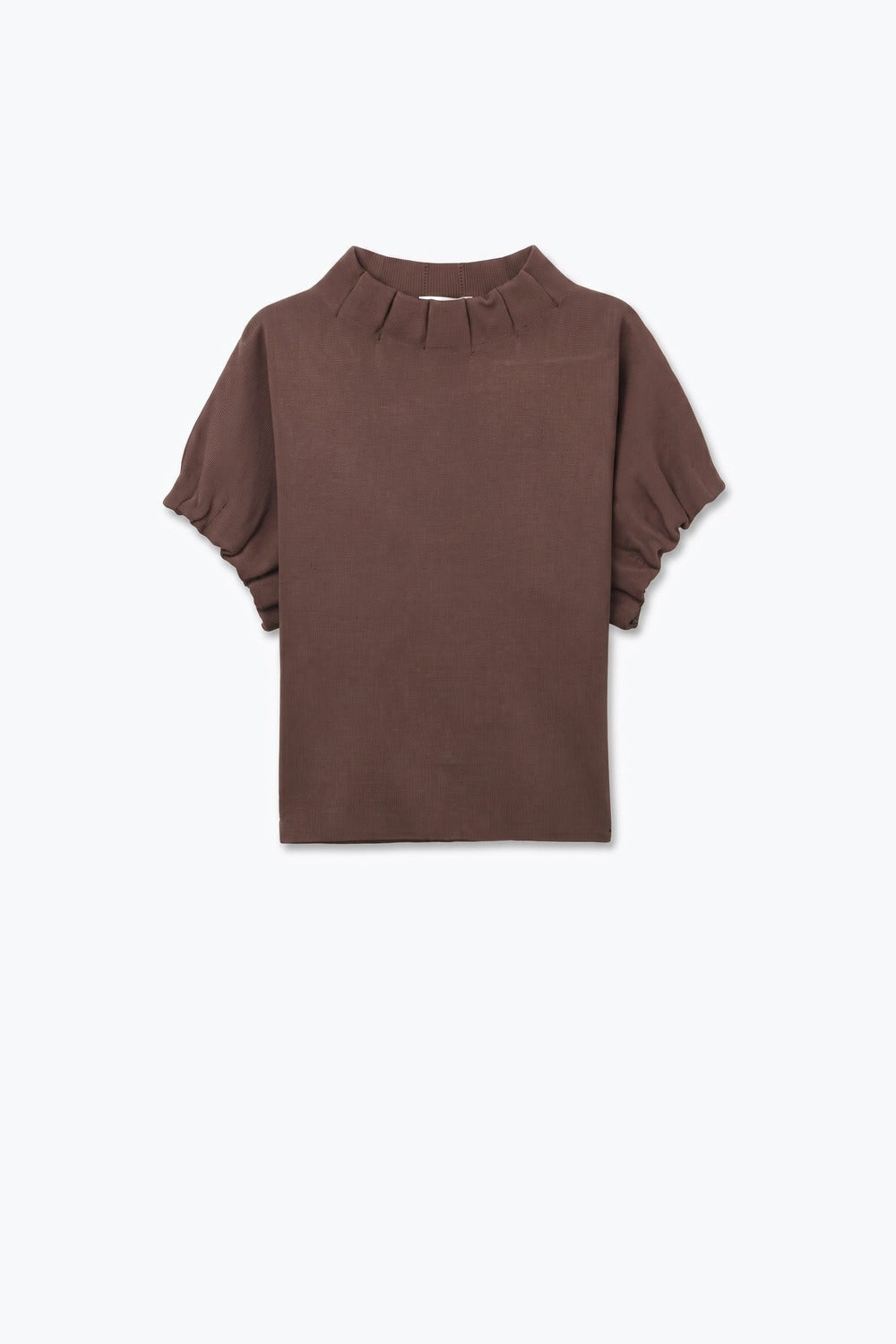 Brown Fine Knit Pleated Mock Neck Short Sleeve Sweater