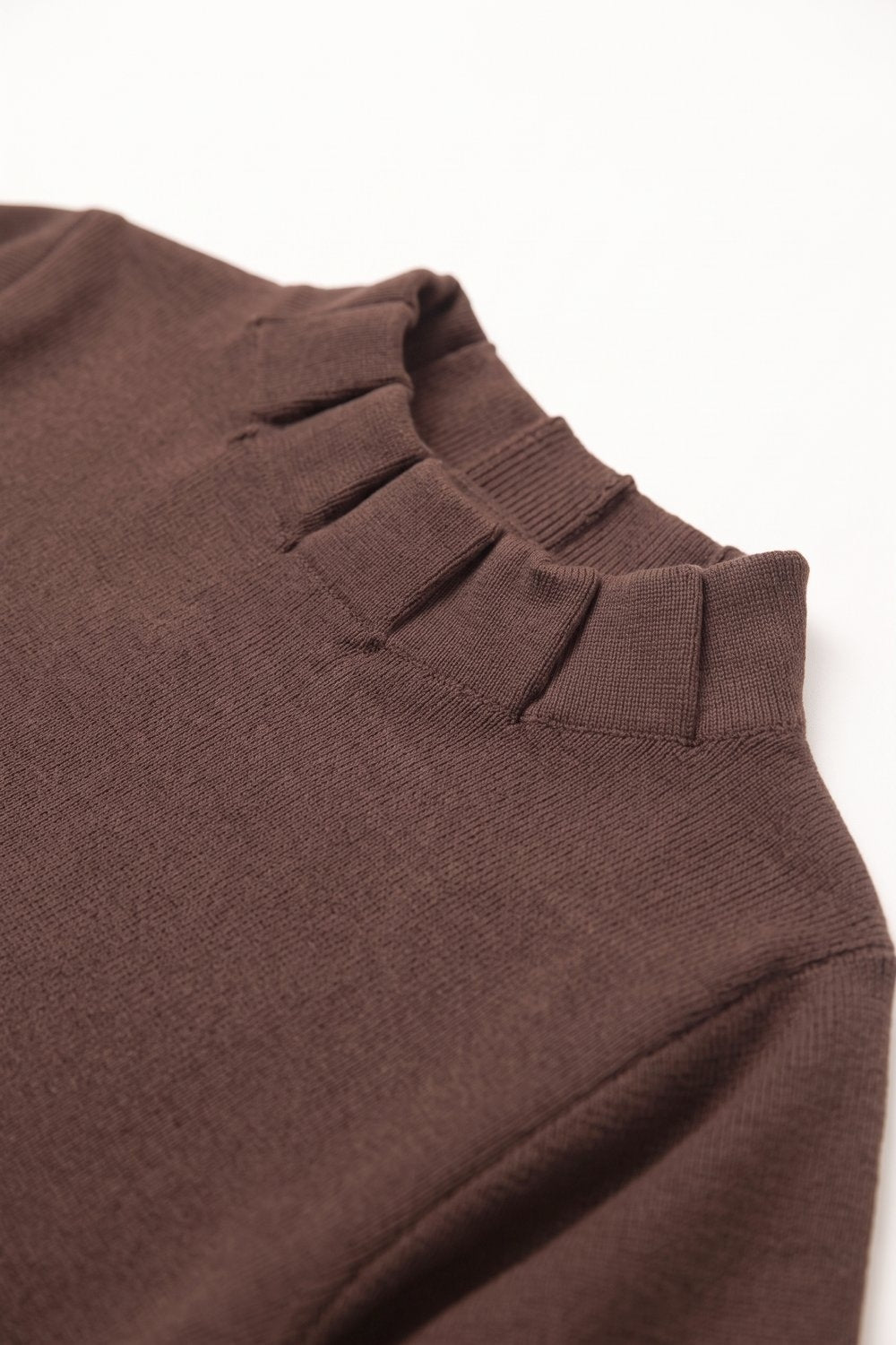 Brown Fine Knit Pleated Mock Neck Short Sleeve Sweater