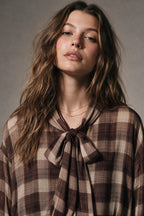 Brown Check printed Asymmetrical back Blouse in chiffon