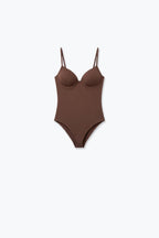 Brown Stretch Jersey Underwire Cup Fixed Strap Bodysuit