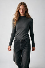 Fine Ribbed Merino Wool Sweater in grey with Mock neck