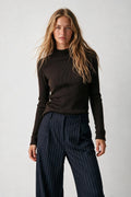 Fine Ribbed Merino Wool Sweater in brown with Mock neck