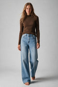 Fine Ribbed Merino Wool Sweater in camel with Mock neck