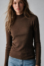 Fine Ribbed Merino Wool Sweater in camel with Mock neck