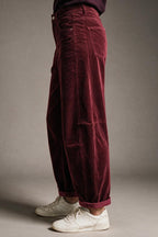 Corduroy High Rise wide Barrell leg Pants in burgundy