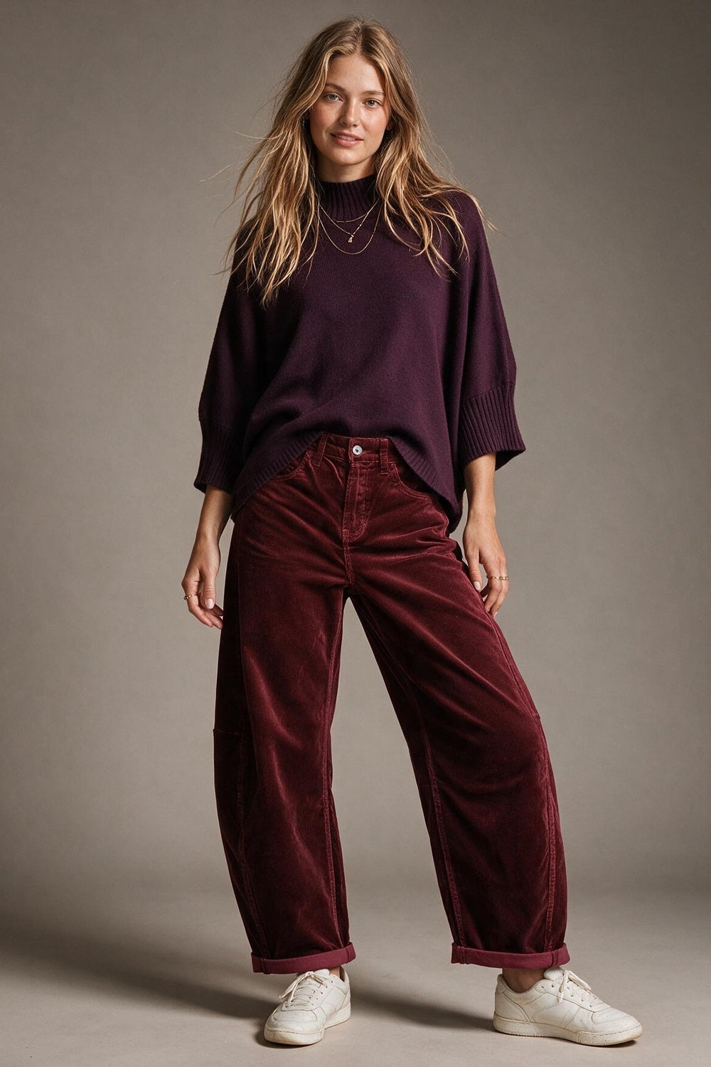 Corduroy High Rise wide Barrell leg Pants in burgundy