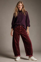 Corduroy High Rise wide Barrell leg Pants in burgundy