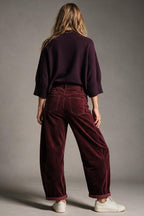 Corduroy High Rise wide Barrell leg Pants in burgundy