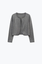 Grey Fine Knit Braided Trim Cropped Open Cardigan