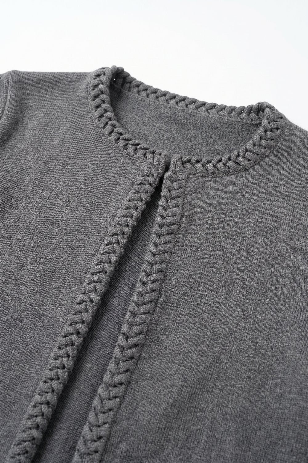 Grey Fine Knit Braided Trim Cropped Open Cardigan