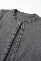 Grey Fine Knit Braided Trim Cropped Open Cardigan