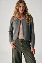 Grey Fine Knit Braided Trim Cropped Open Cardigan