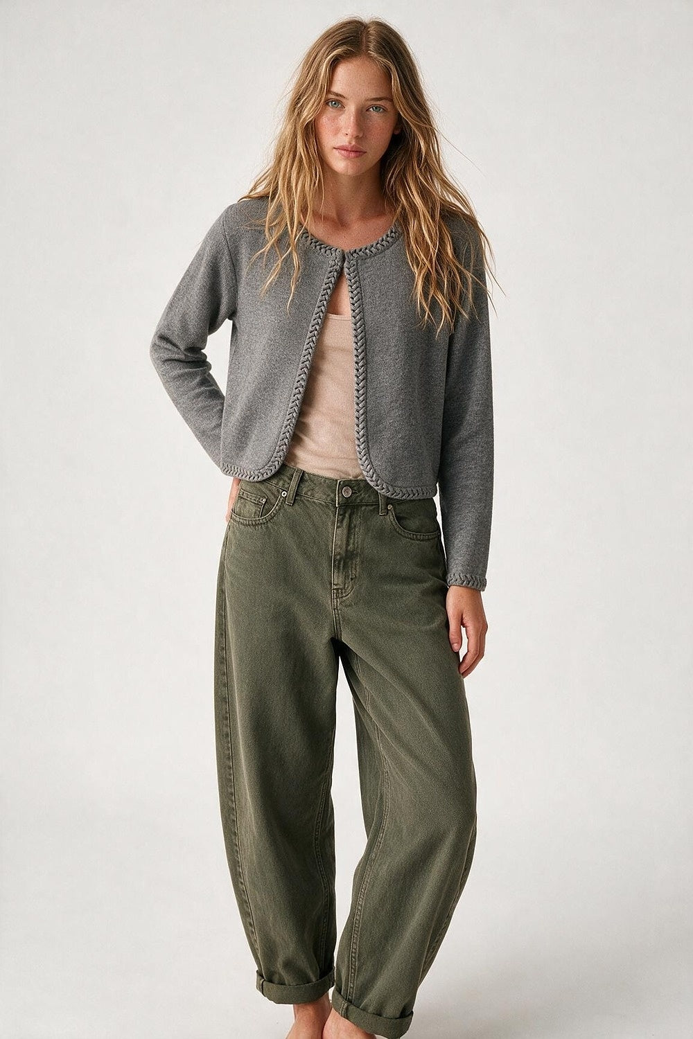 Grey Fine Knit Braided Trim Cropped Open Cardigan