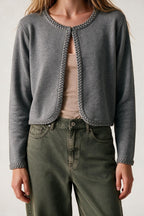 Grey Fine Knit Braided Trim Cropped Open Cardigan