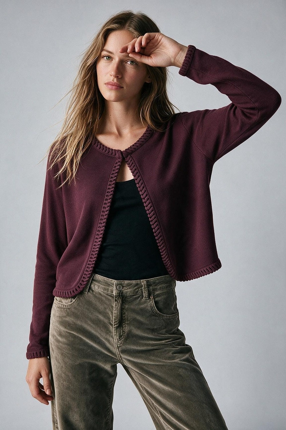 Burgundy Fine Knit Braided Trim Cardigan