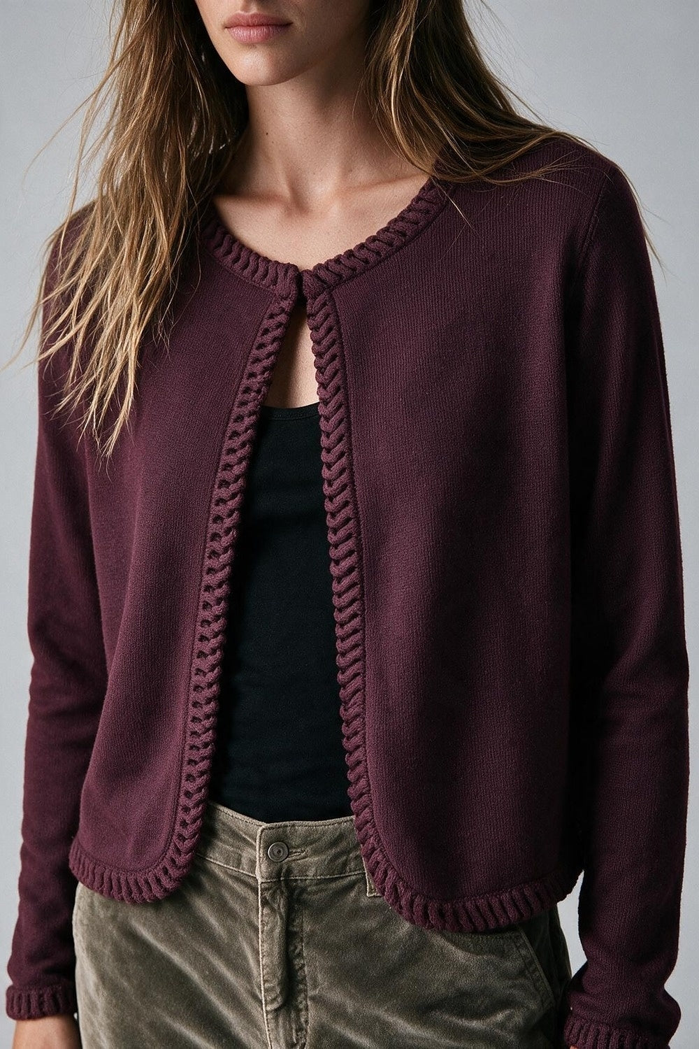 Burgundy Fine Knit Braided Trim Cardigan