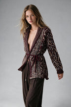 Burgundy Chunky Knit Jacquard Belted Shawl Cardigan