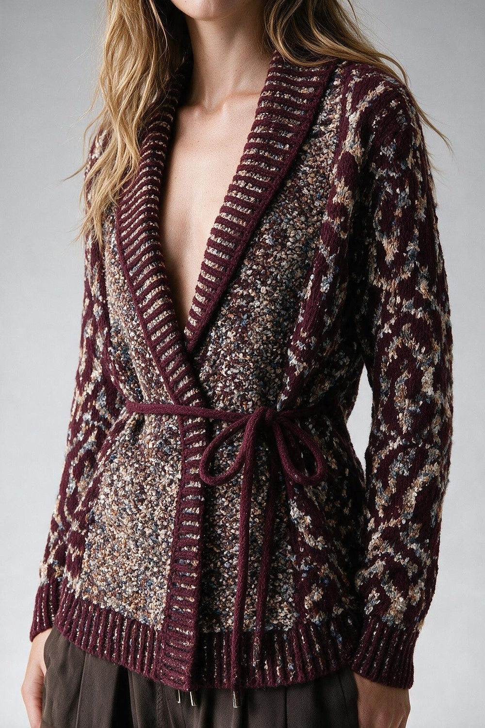 Burgundy Chunky Knit Jacquard Belted Shawl Cardigan