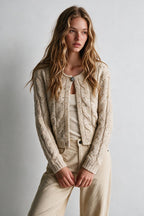 Beige Sequin Chunky Cable Knit Button Cropped Cardigan