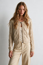 Beige Sequin Chunky Cable Knit Button Cropped Cardigan