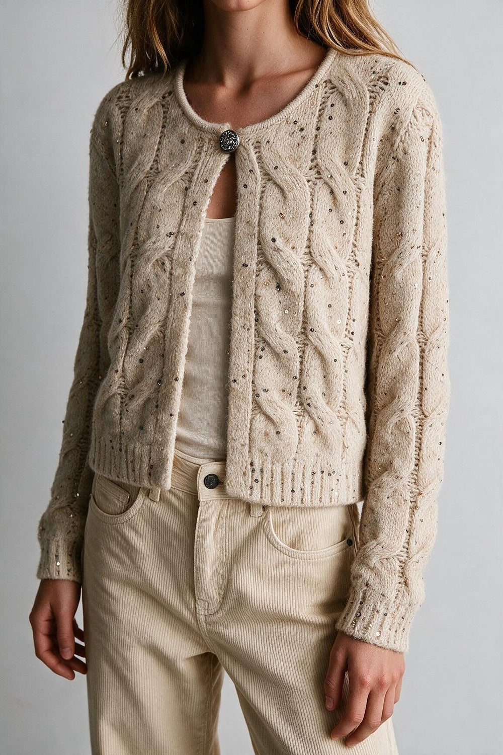 Beige Sequin Chunky Cable Knit Button Cropped Cardigan