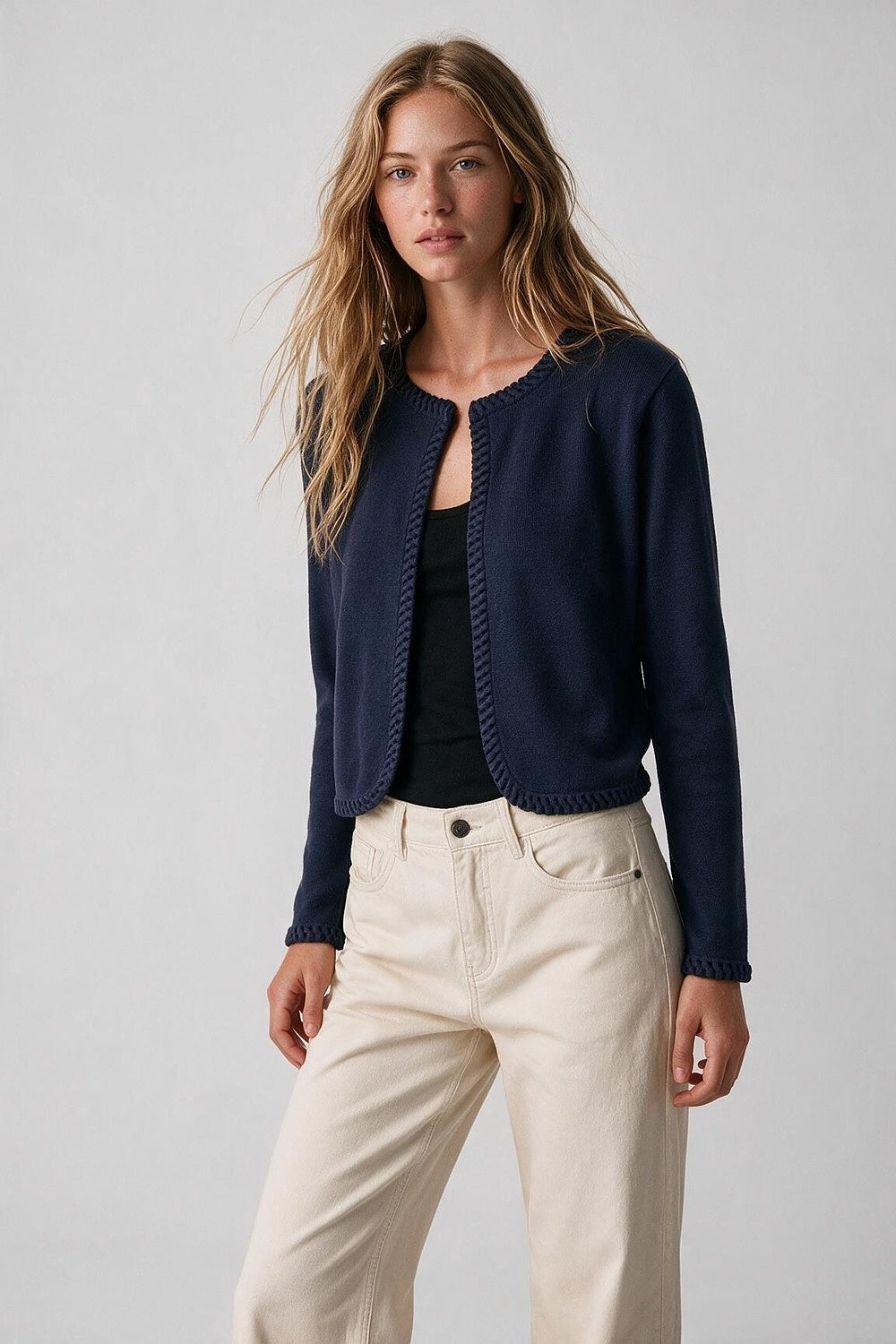 Navy Fine Knit Contrast Seam Cropped Open Front Cardigan