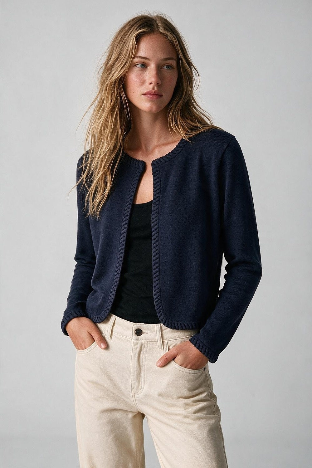 Navy Fine Knit Contrast Seam Cropped Open Front Cardigan