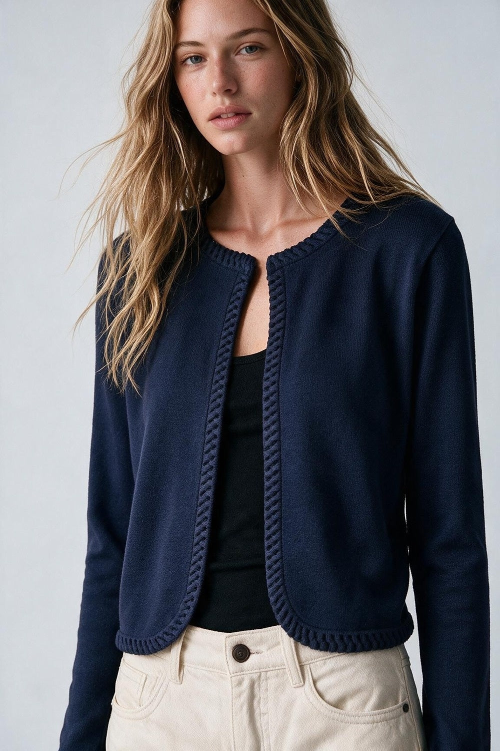 Navy Fine Knit Contrast Seam Cropped Open Front Cardigan