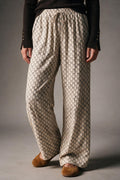 Cream horse Print Quilted Drawstring Wide Leg Pants