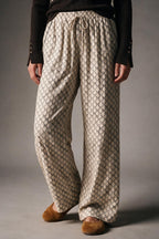 Cream horse Print Quilted Drawstring Wide Leg Pants
