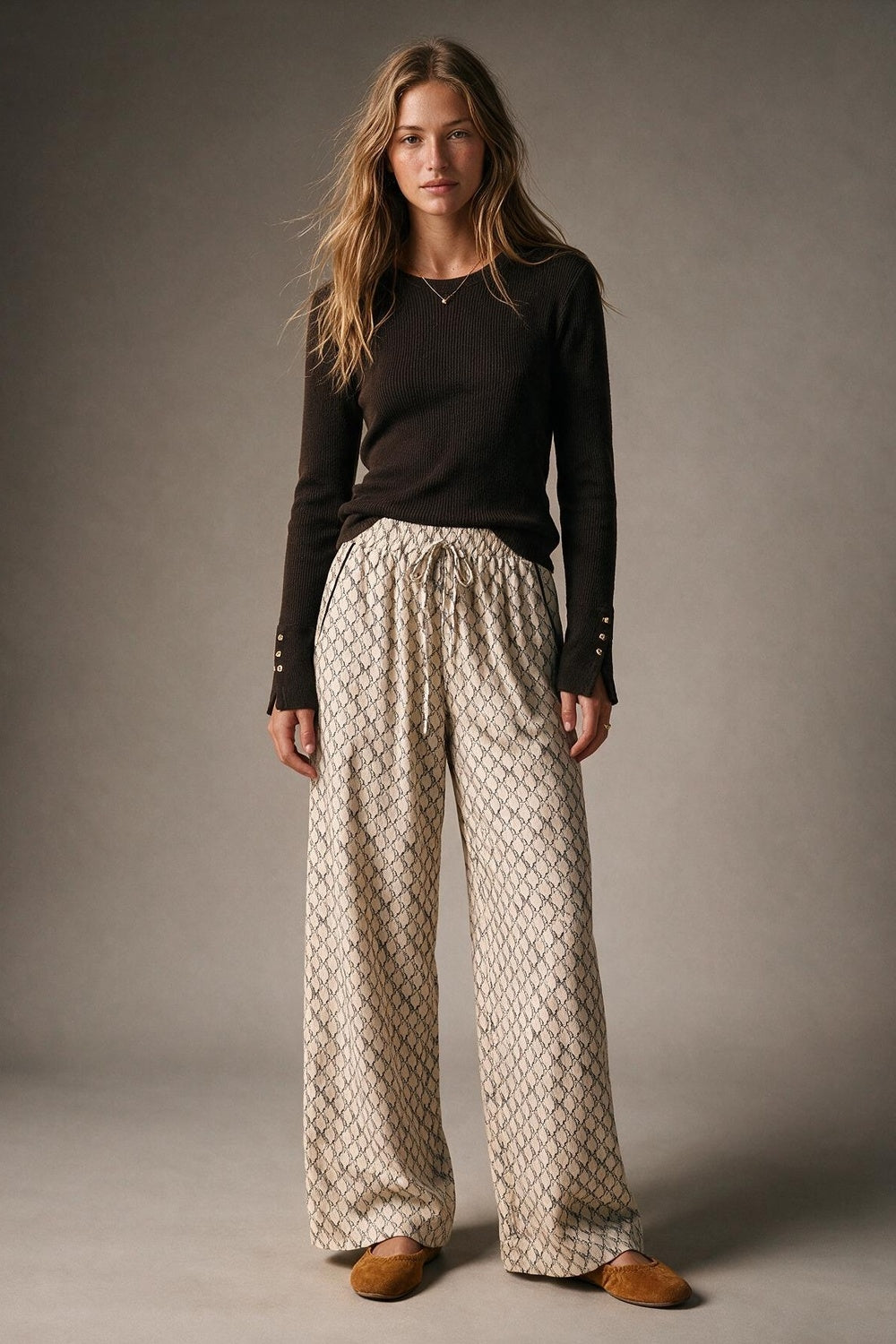 Cream horse Print Quilted Drawstring Wide Leg Pants