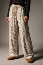 Cream horse Print Quilted Drawstring Wide Leg Pants
