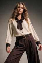 Cream Polka-Dot Print Long Sleeve Blouse with burgundy Contrast Bow Tie