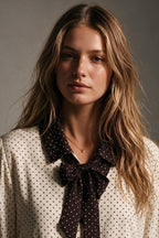 Cream Polka-Dot Print Long Sleeve Blouse with burgundy Contrast Bow Tie