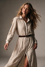 Cream Horses Printed Woven Piped Belted Maxi Shirt Dress