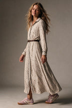 Cream Horses Printed Woven Piped Belted Maxi Shirt Dress