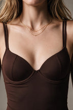 Brown Stretch Jersey Underwire Cup Fixed Strap Bodysuit
